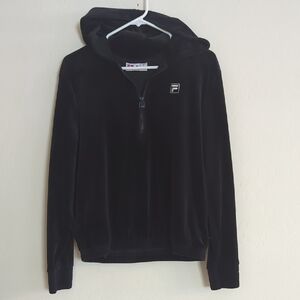 Fila Black Velour Velvet Quarter Half Zip Up Hooded Long Sleeve Sweater - Size M